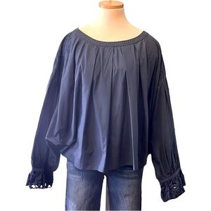 Free People Embroidered Long Sleeve Blouse, Navy Blue, Medium